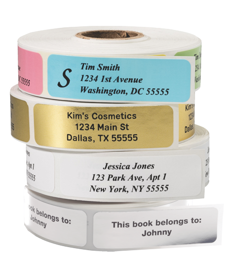 Stack of four rolls of return address labels personalized with black text and the label size measuring: 2.5 inches wide by 0.75 inches tall