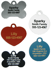 Heart, Bone, and Circle shaped Pet ID Tags with engraved personalizations